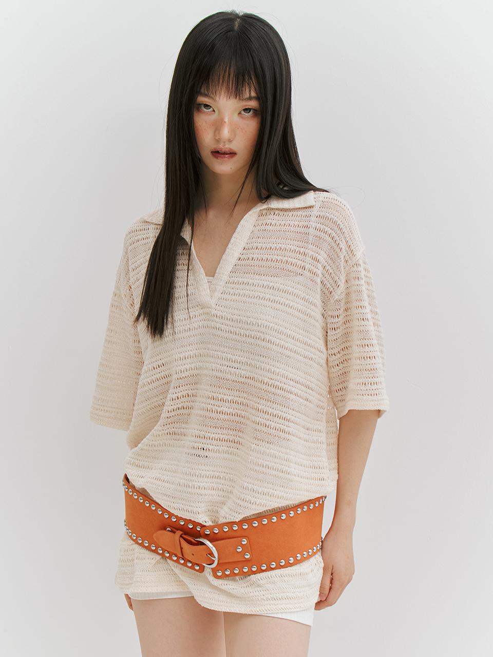 MEENDERI STRIPE OPEN COLLARED T-SHIRT [WHITE]