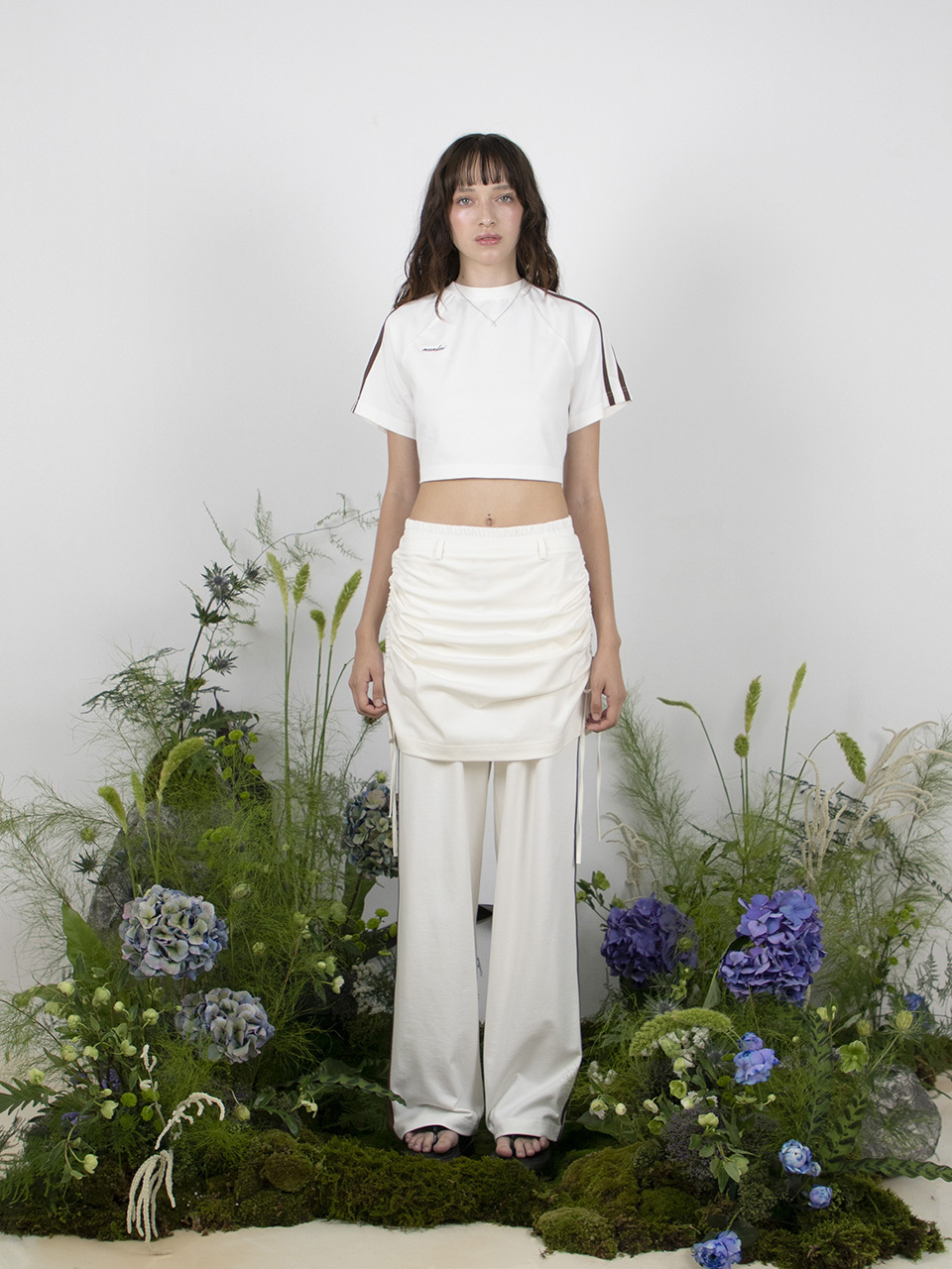 MEENDERI Track Shirring Skirt Pants_White