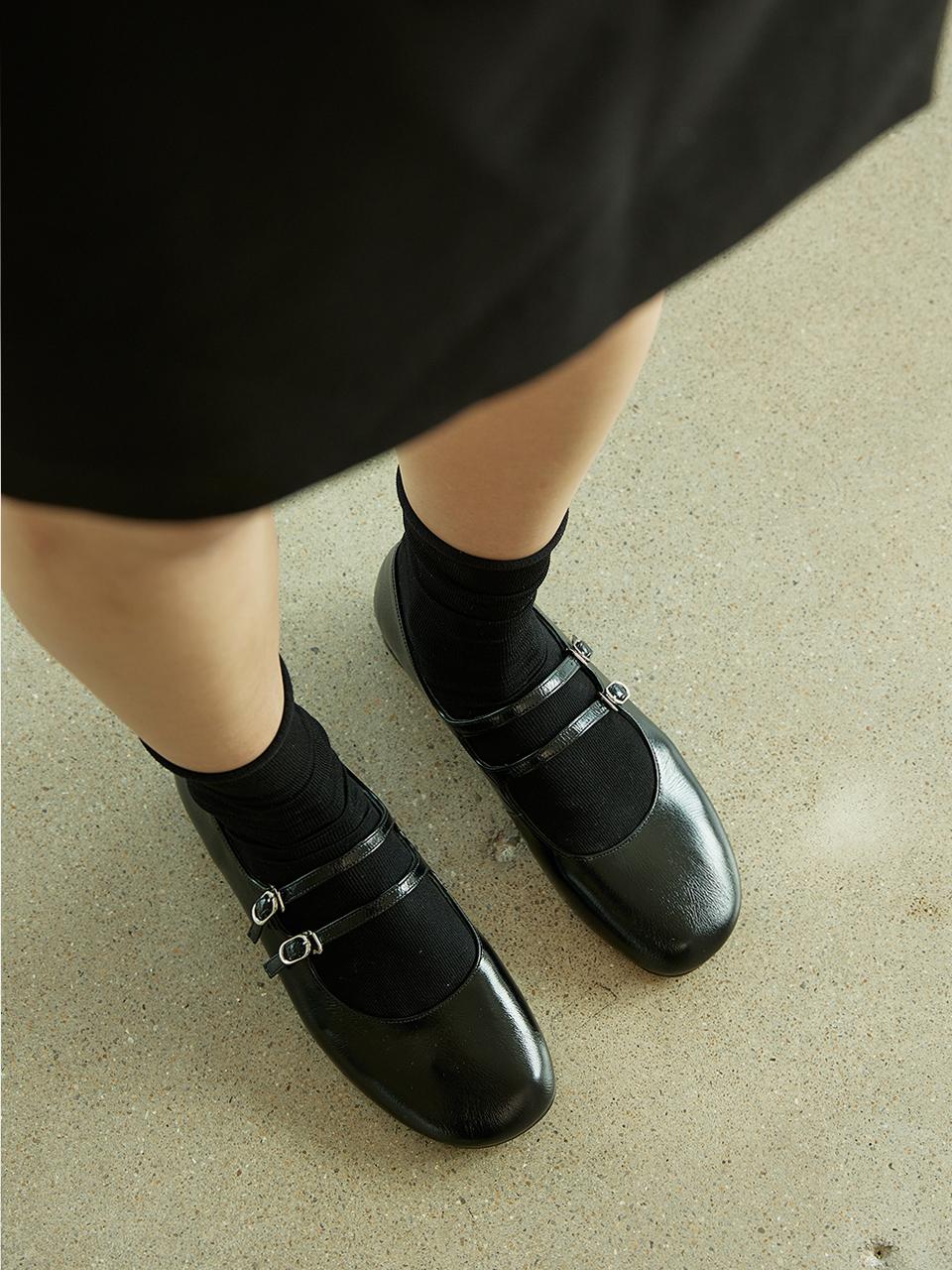 Meiel Dew Round Toe Two Strap Flats_Black