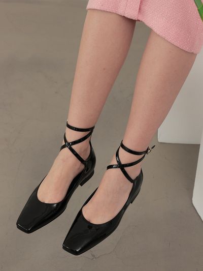 Meiel Dew Square Toe X-Strap Flat MD1106f _ Black