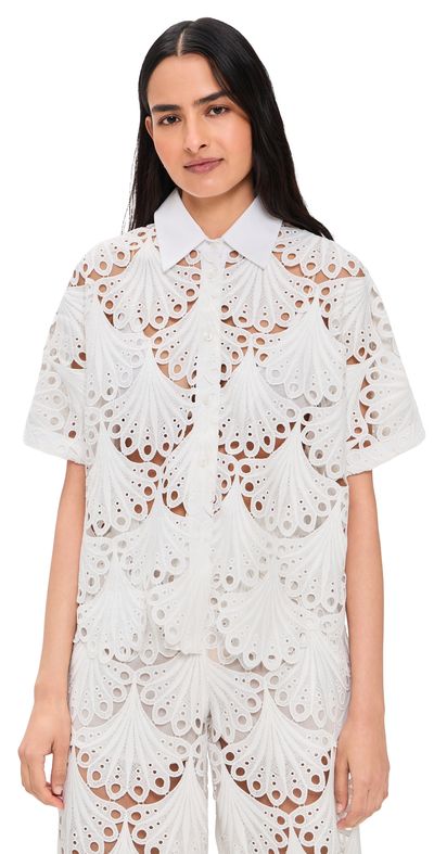 MEIMEIJ MEIMEIJ Short Sleeve Button Down Lace Top Latte
