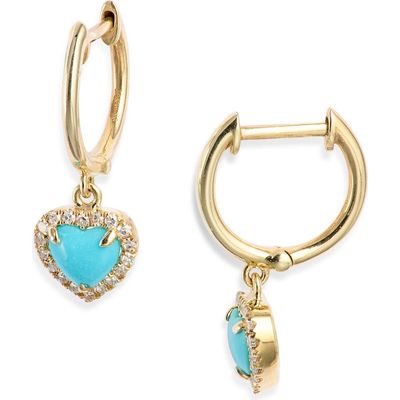 Meira T Meira T 14k Gold Heart Turquoise & Diamond Hoop Earrings