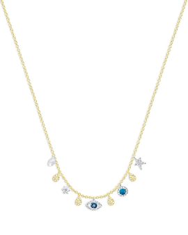 Meira T Meira T 14K White & Yellow Gold Multi Gemstone & Diamond Evil Eye Multi Charm Pendant Necklace, 16-18