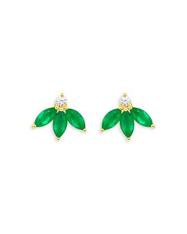Meira T Meira T 14K Yellow Gold Emerald & Diamond Leaf Cluster Stud Earrings
