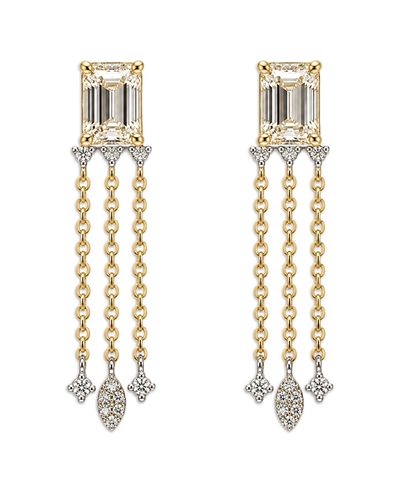 Meira T Moon & Meadow 14K Yellow Gold Lab Grown Diamond Emerald & Round Cut Fringe Drop Earrings, 1.57 tcw