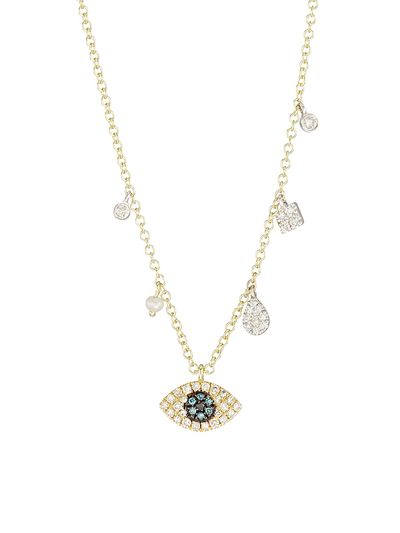Meira T Women's 14K Yellow Gold, Diamond & Pearl Evil Eye Pendant Necklace