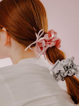 mellotory Double Ribbon Metallic Shiny Scrunchie