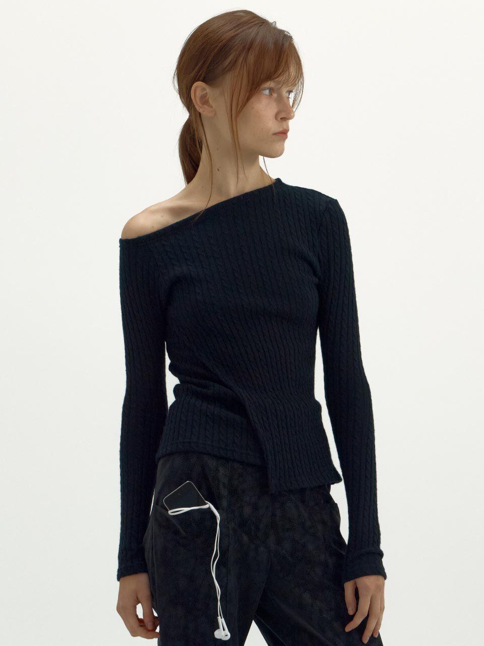 MERENS [2 COLOR] ONE SHOULDER UNBALANCED KNIT TOP BLACK