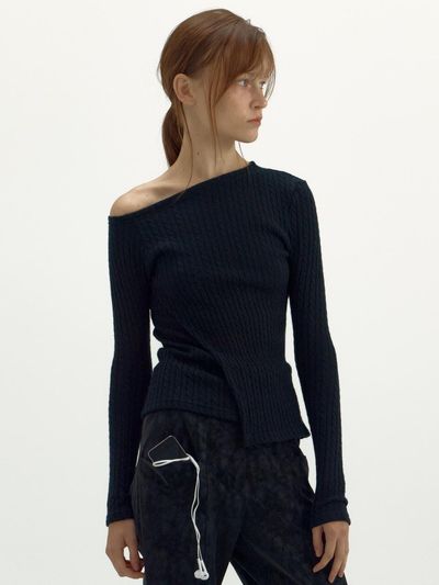 MERENS [2 COLOR] ONE SHOULDER UNBALANCED KNIT TOP BLACK