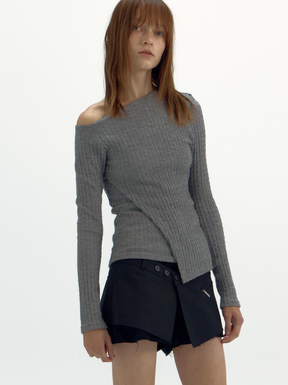 MERENS [2 COLOR] ONE SHOULDER UNBALANCED KNIT TOP MELANGE