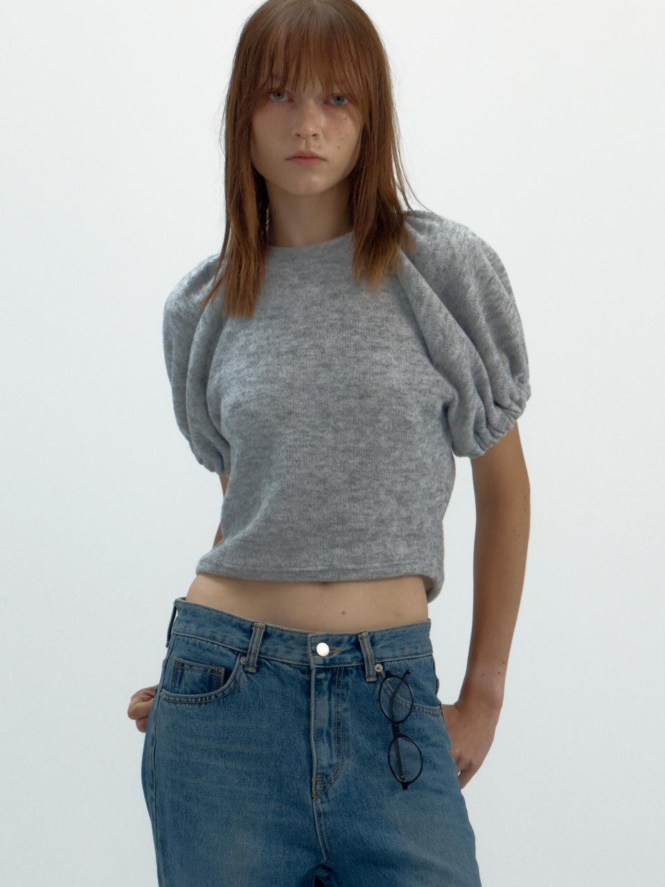 MERENS [2 COLOR] PUFF SLEEVE KNIT TOP GRAY