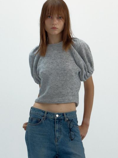 MERENS [2 COLOR] PUFF SLEEVE KNIT TOP GRAY