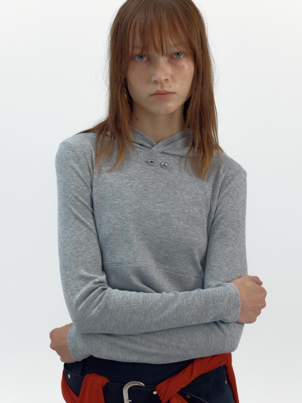 MERENS [3 COLOR] RIBBED BUTTON POINT HOODED T - SHIRT GRA
