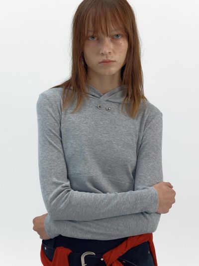 MERENS [3 COLOR] RIBBED BUTTON POINT HOODED T - SHIRT GRA