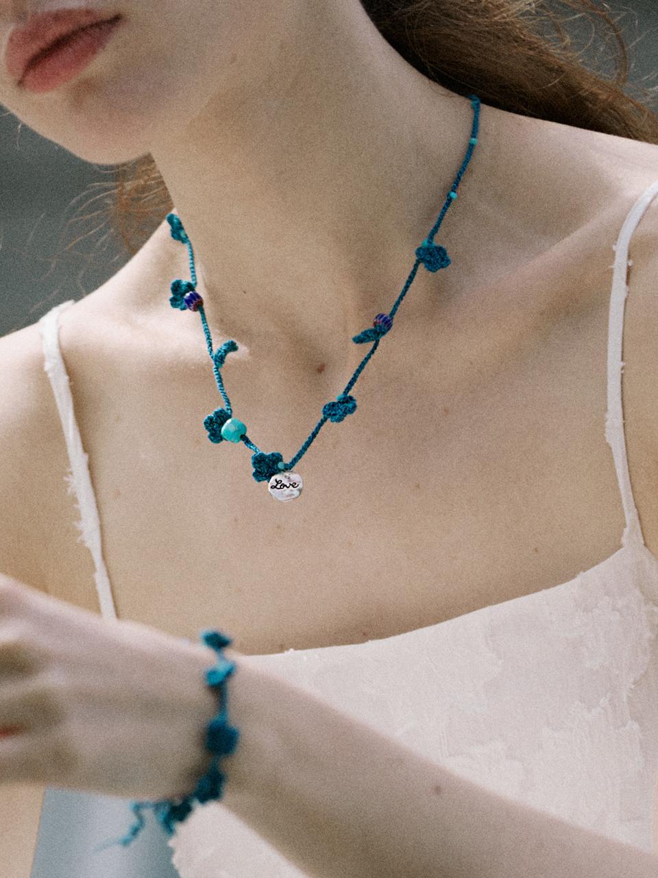 MERRYMOTIVE Blue green clover crochet knit necklace