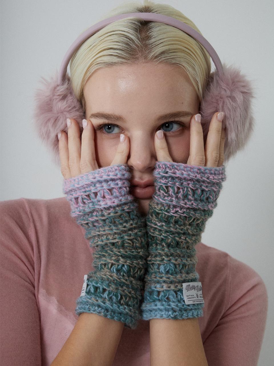 MERRYMOTIVE Wool Mix Handcrafted Fingerless Handwarmer [Blue Pink]