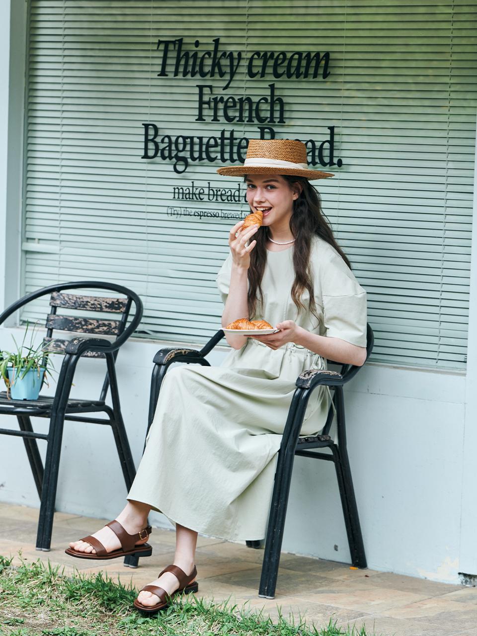 METAPHER MET Line Shirred Half Sleeve Long Dress_Khaki