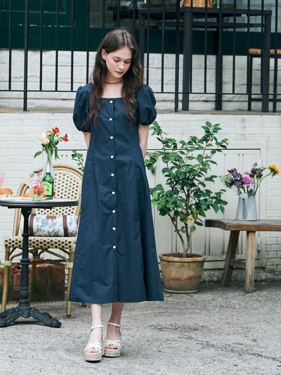 METAPHER MET Puff Sleeve Long Dress_Navy