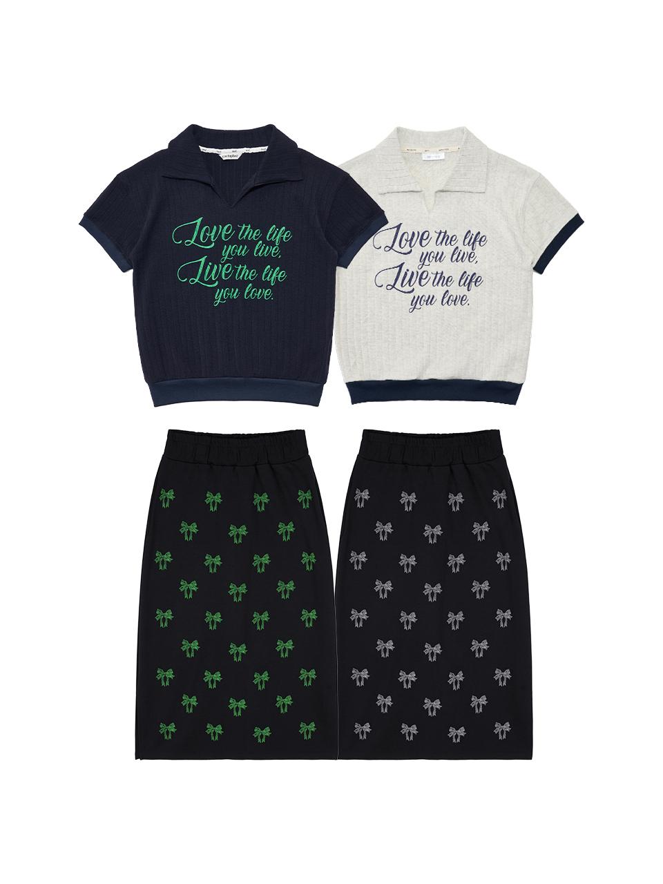 METAPHER MET summer knit ribbon printing t-shirt&skirt set
