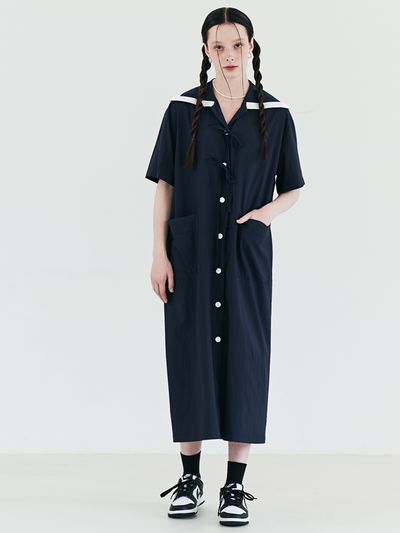 METAPHER Sailor Ribbon Shirt Dress - Navy