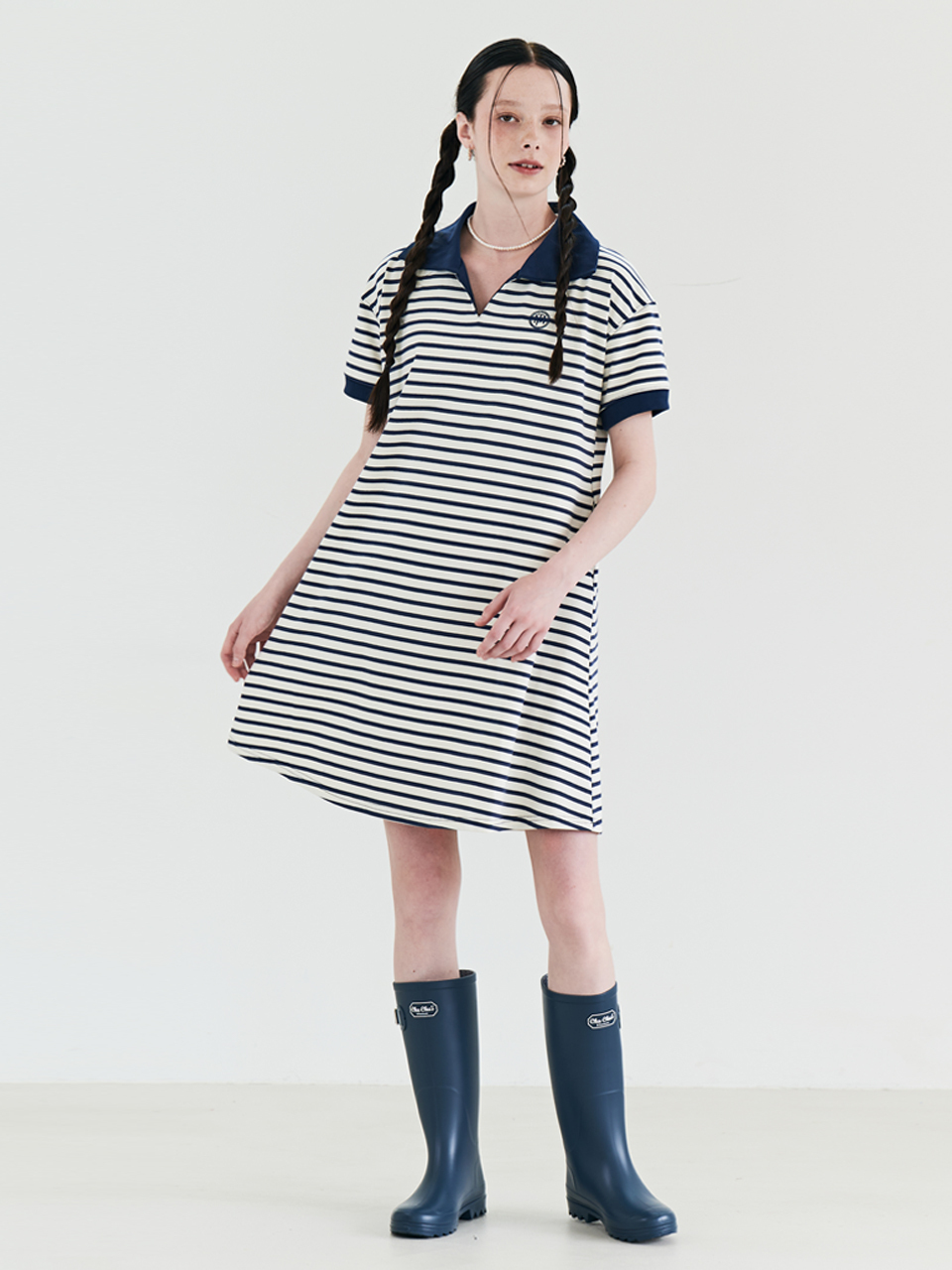 METAPHER Stripe Collar Summer Dress - Navy