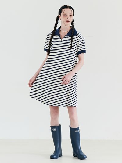 METAPHER Stripe Collar Summer Dress - Navy
