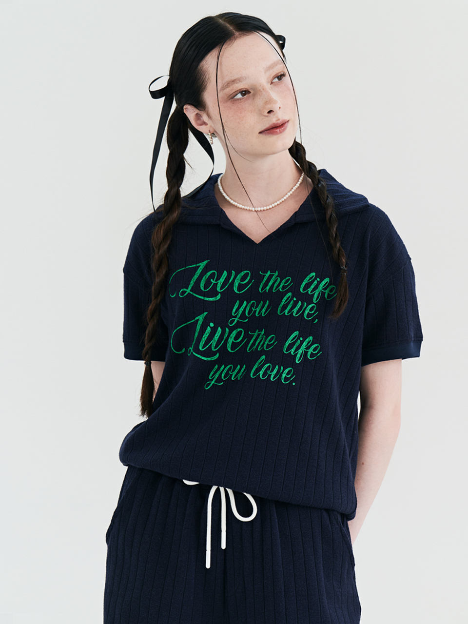 METAPHER Summer Knit Collar T-shirt - Navy