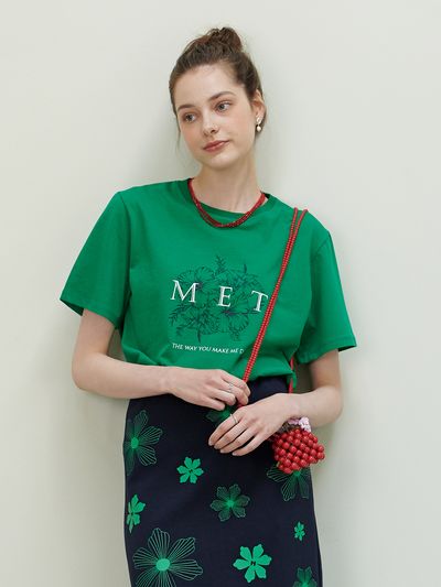METAPHER Two-tone Lettering Flower T-shirt - Green