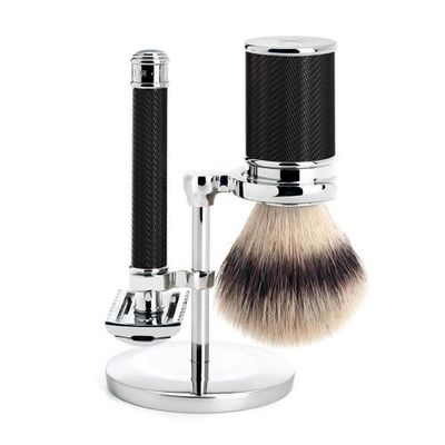 MÜHLE MÜHLE Black/Chrome Silvertip Fibre / Safety Razor (Open Comb) Shaving Set