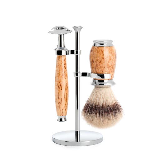 MÜHLE MÜHLE Purist Karelian Masur Birch 3-Piece Silvertip Fiber & Safety Razor Shaving Set 