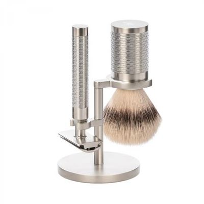 MÜHLE MÜHLE Rocca Silver Matt Stainless Steel 3-Piece Silvertip Fiber & Safety Razor Shaving Set 
