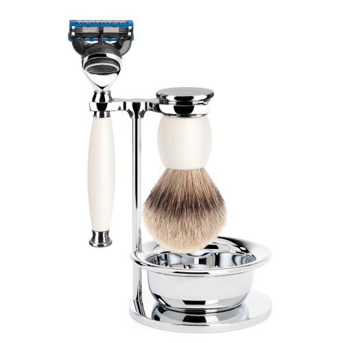 MÜHLE MÜHLE Sophist Porcelain 4-Piece Silvertip Badger & Fusion Razor Shaving Set