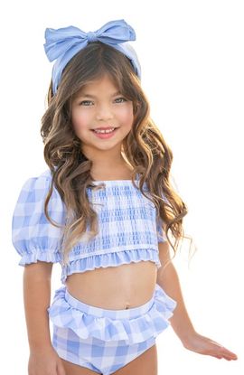 Mia Belle Girls Mia Belle Girls Girls Blue Skies Gingham Puff Sleeve Two-Piece Swimsuit 