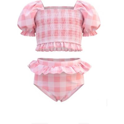 Mia Belle Girls Mia Belle Girls Girls Perfect Pink Gingham Puff Sleeve Two Piece Swimsuit 
