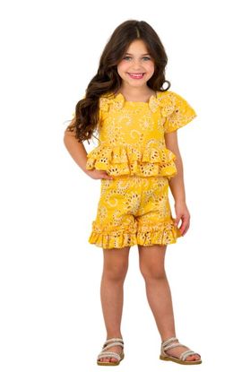 Mia Belle Girls Mia Belle Girls Golden Bloom Eyelet Puff Sleeve Top and Ruffle Girls Shorts Set