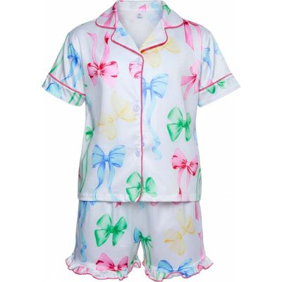 Mia Belle Girls Mia Belle Girls Playful Bow Print Cotton Pajama Short Set