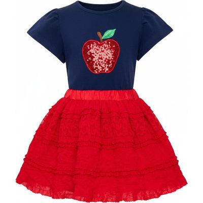Mia Belle Girls Mia Belle Girls Sparkle Apple Tee & Tiered Lace Ruffle Skirt Set 