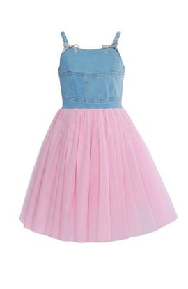 Mia Belle Girls Mia Belle Girls Sparkle Denim Bow Tulle Dress
