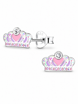 Mia Belle Girls Mia Belle Girls Sterling Silver Stud Earrings Sparkling Pink Crown