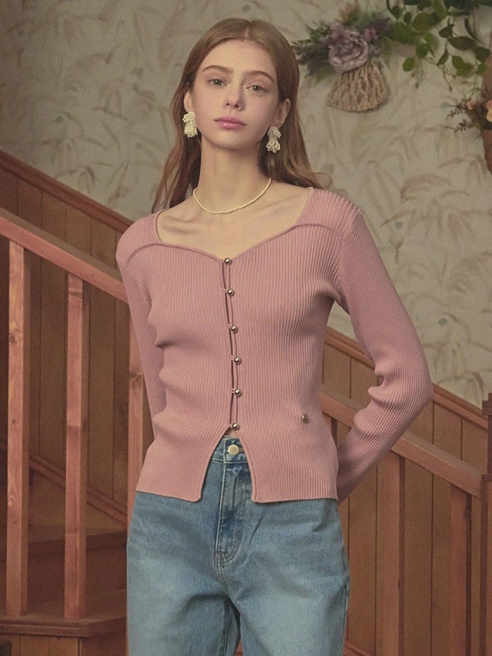 MICANE Bouquet Heart-neck Sweater _ Pink