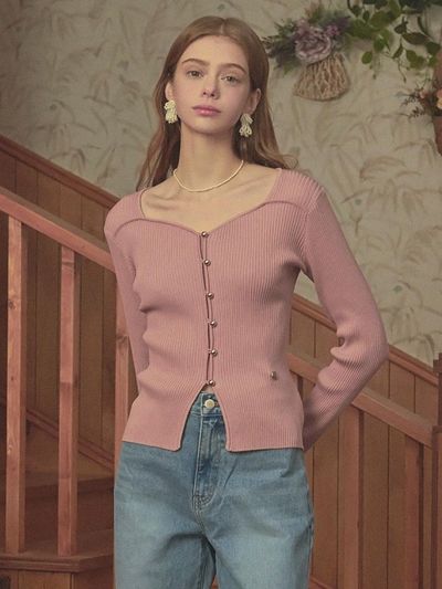 MICANE Bouquet Heart-neck Sweater _ Pink