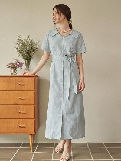 MICANE Bubbly Stripe Open Collar Long Dress