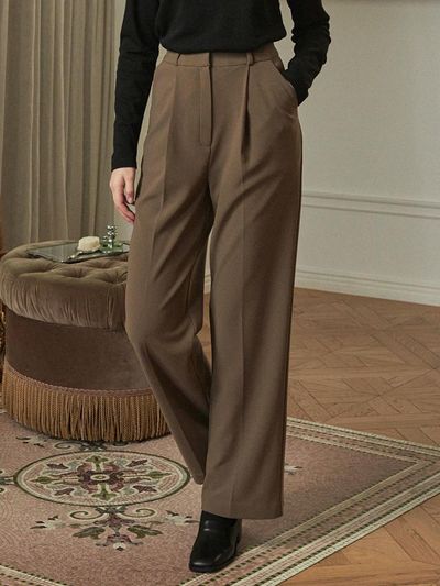 MICANE Classic Pleated Wide Slacks Brown