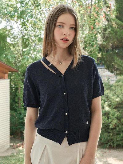 MICANE Cup Neck Slit Boucle Cardigan