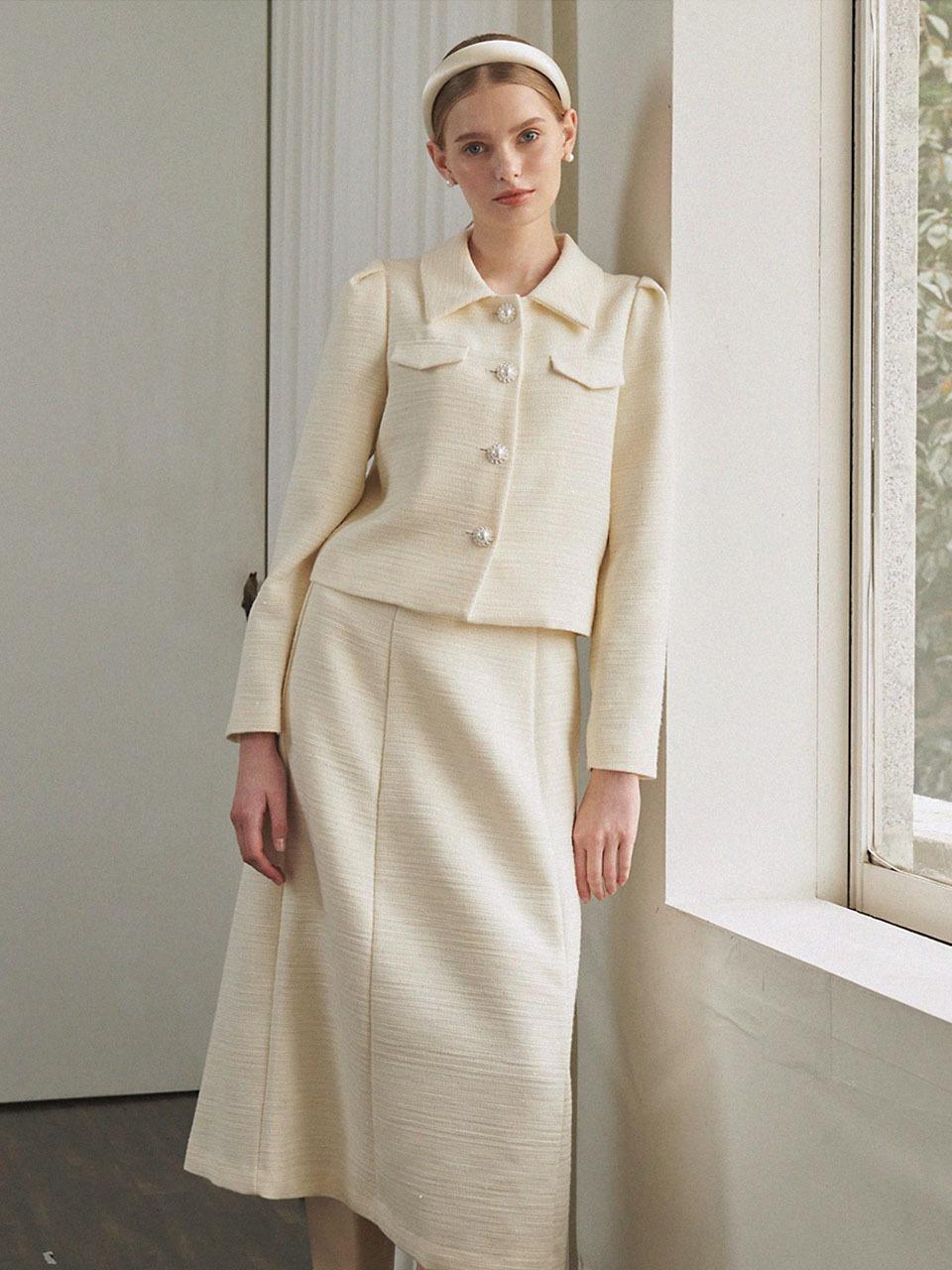 MICANE Fancy Tweed Long Skirt_Cream
