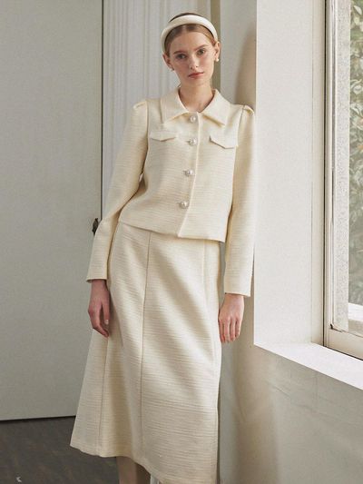 MICANE Fancy Tweed Long Skirt_Cream