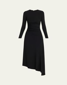 Michael Kors Collection Ruched Long-Sleeve Asymmetric Midi Dress