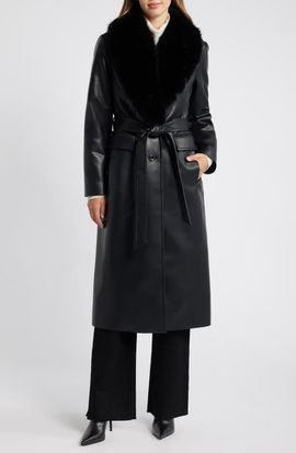 MICHAEL Michael Kors MICHAEL Michael Kors Belted Faux Leather Coat with Faux Fur Collar