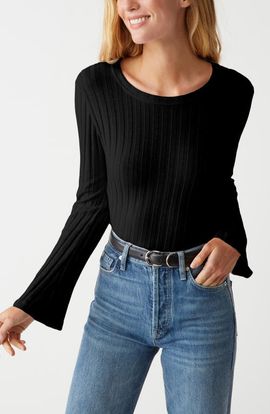 Michael Stars Michael Stars Valerie Rib Bell Sleeve Cotton Blend Knit Top