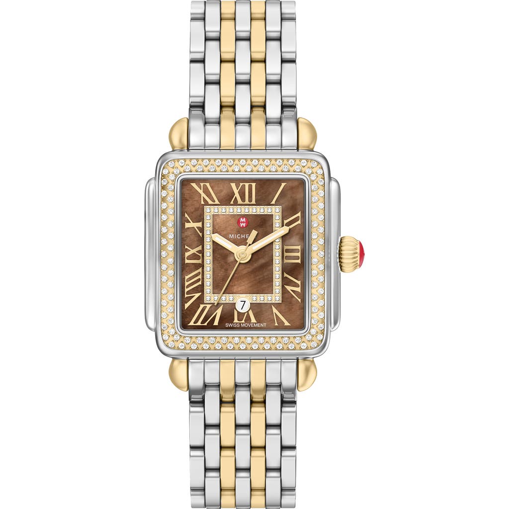 MICHELE MICHELE Deco Madison Mid Two-Tone 18K Gold Plate Diamond & Mother-of-Pearl Bracelet Watch, 29mm x 31mm